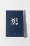 Westerland Poster frontal mit creme-weißer Typografie und geografischen Koordinaten auf dunkelblauem Hintergrund.